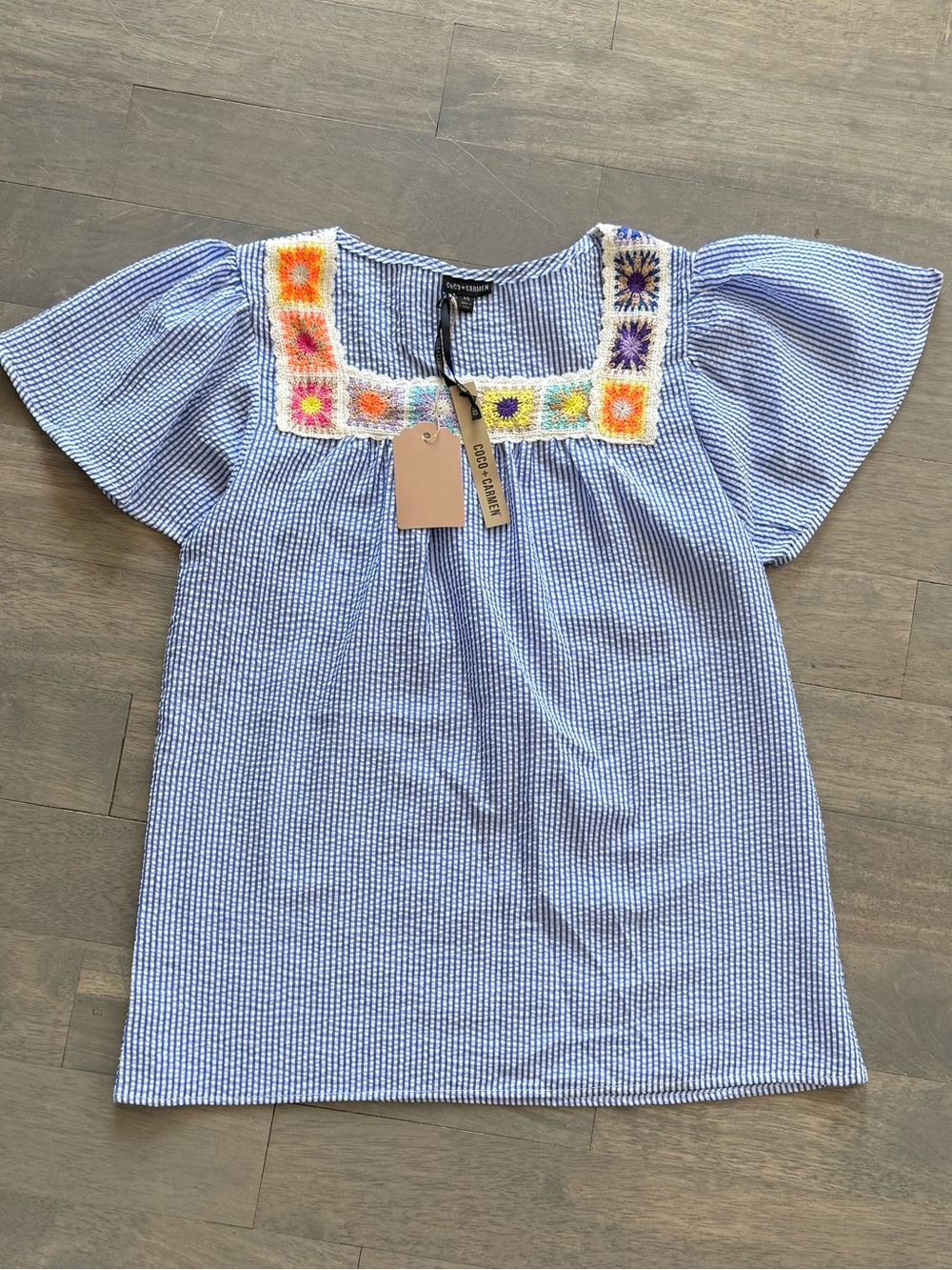 Coco + Carmen Blue Seersucker Embroidered Square-Neck Tunic